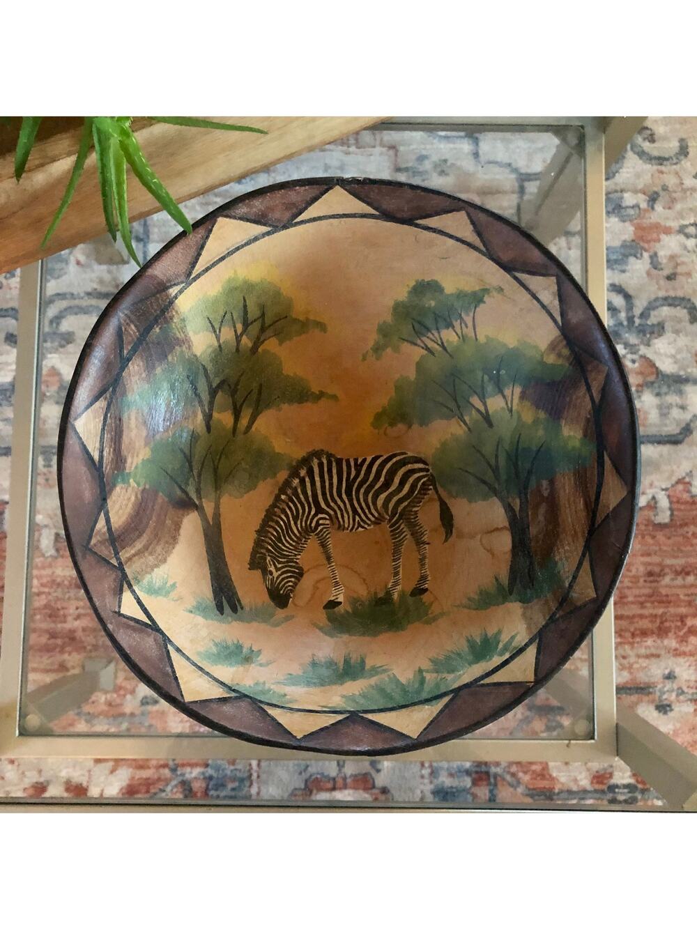 Vintage Wooden Hand Carved African Safari Bowl, Hand Painted Zebra Dish